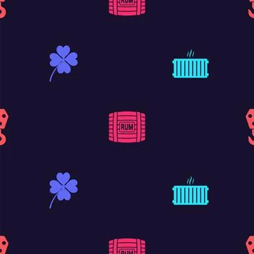 Set Heating radiator, Four leaf clover, Wooden barrel with rum and Industrial Stock Illustration