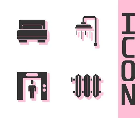 Set Heating radiator, Hotel room bed, Lift and Shower icon. Vector Stock Illustration