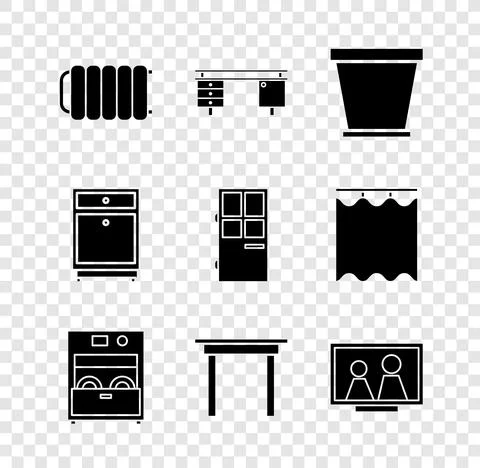 Set Heating radiator, Office desk, Flower pot, Kitchen dishwasher machine Stock Illustration