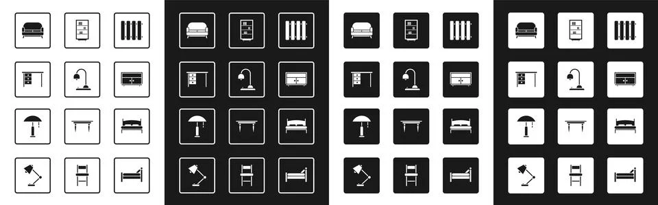 Set Heating radiator, Table lamp, Office desk, Sofa, Chest drawers, Library.. Illustrazione stock