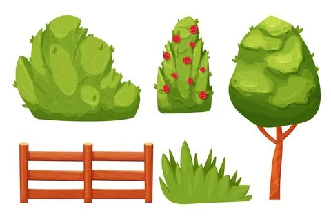 Set Hedge green bush forest or backyard plant with leaves, tree, wooden fence in Illustrazione stock