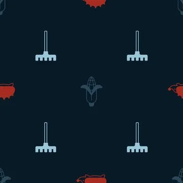 Set Hedgehog, Corn and Garden rake on seamless pattern. Vector Stock Illustration