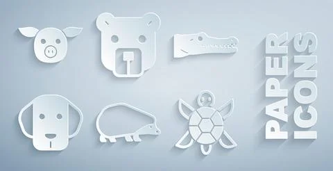 Set Hedgehog, Crocodile, Dog, Turtle, Bear head and Pig icon. Vector Stock Illustration