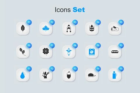 Set Hedgehog, Four leaf clover, Canadian maple, Pear, Thermos container, Ho.. Stock Illustration