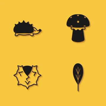 Set Hedgehog, Leaf, Chestnut and Mushroom icon with long shadow. Vector 스톡 일러스트