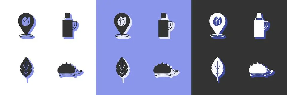 Set Hedgehog, Location with leaf, Leaf and Thermos container icon. Vector 스톡 일러스트