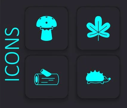 Set Hedgehog, Mushroom, Chestnut leaf and Wooden log icon. Black square butto Stockillustratie