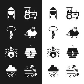 Set Hedgehog, Mushroom, Winter hat, Tractor, Spider, Hive for bees, Windy Ilustração Stock