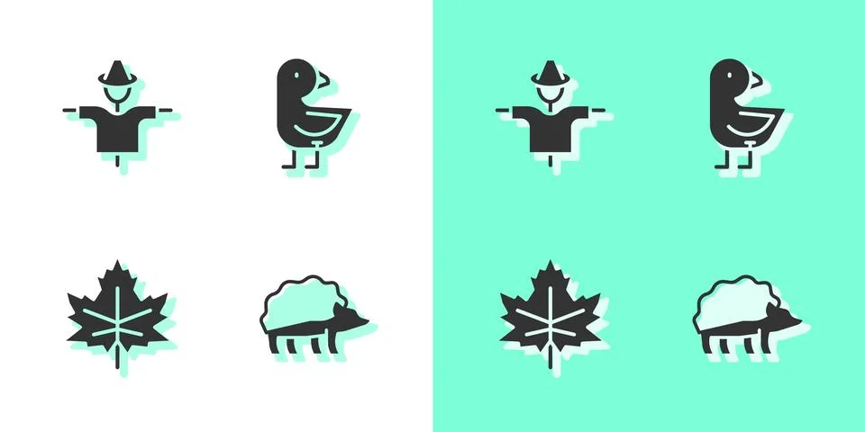 Set Hedgehog, Scarecrow, Leaf or leaves and Little chick icon. Vector Stock Illustration