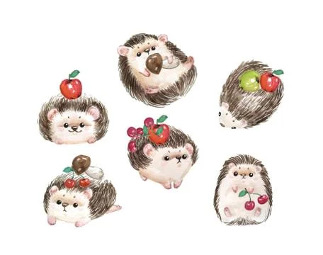 Set of hedgehogs. Natural background with cute watercolor cartoon character. - Stock Illustration