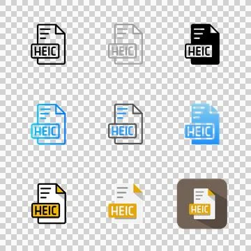 Set heic file format icons. extension, document file type and archive. Stock Illustration