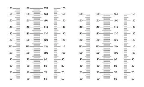Set of height charts patterns from 60 to 160, 170 centimeters. Black templates Stock Illustration