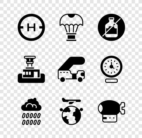 Set Helicopter landing pad, Box flying on parachute, No alcohol, Cloud with rain Illustrazione stock
