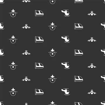Set Helicopter, Plane, Submarine and Train and railway on seamless pattern. V Illustrazione stock