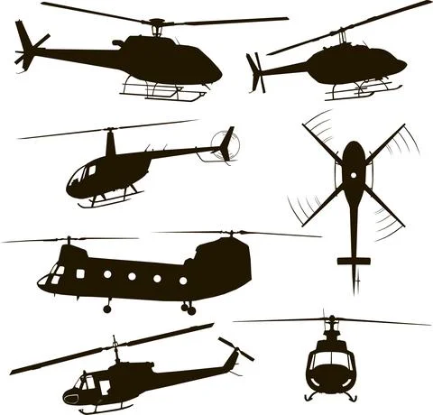 Set of helicopter silhouettes of different models, symbolic black images Stock Illustration
