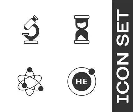 Set Helium, Microscope, Atom and Old hourglass icon. Vector Illustrazione stock