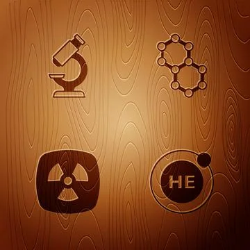 Set Helium, Microscope, Radioactive and Molecule on wooden background. Vector Illustrazione stock