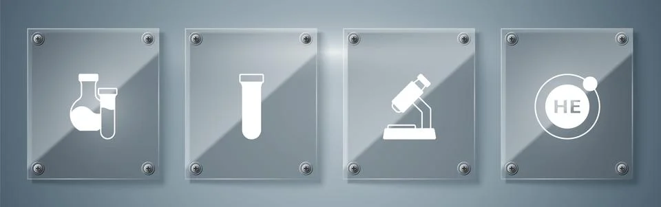 Set Helium, Microscope, Test tube and . Square glass panels. Vector 스톡 일러스트