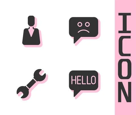 Set Hello in different languages, Employee, Wrench spanner and Sad smile icon Stock Illustration