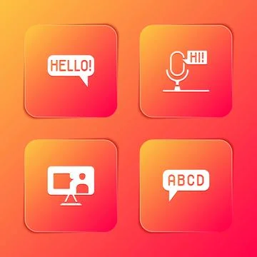 Set Hello in different languages, Microphone voice device, Foreign online s.. Stock Illustration