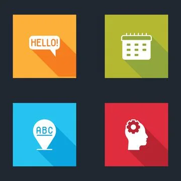 Set Hello in different languages, School timetable, Alphabet and Head with gear Stock Illustration