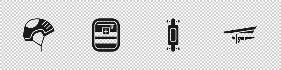 Set Helmet, First aid kit, Longboard or skateboard and Hang glider icon. Vector Stock Illustration