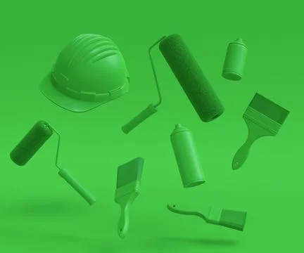 Set of helmet, spray with paint rollers and brushes on monochrome background. Stock Photos