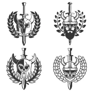 Set of helmets with wreath and sword. Design element for logo, label, emblem, Stock Illustration