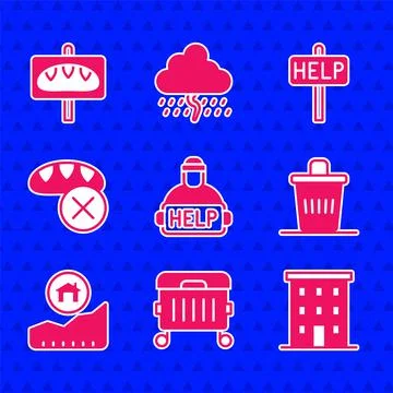 Set Help homeless, Trash can, Multi storey building, Rising cost of housing Ilustración de archivo