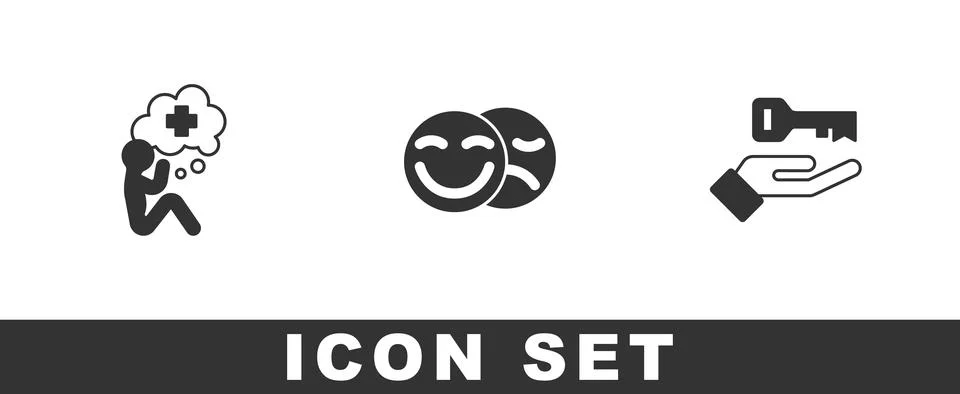 Set Helping hand, Comedy tragedy masks and Solution to the problem icon. Vect Illustrazione stock