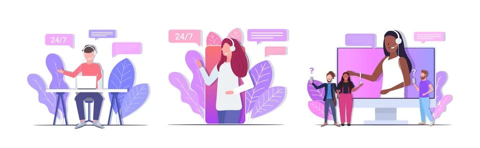 Set helpline operators with headset technical client support customer service Stock Illustration
