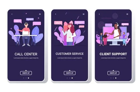 Set helpline operators with headset technical client support customer service Stock Illustration