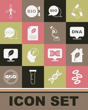 Set Hemoglobin, Eco friendly house, DNA symbol, Bio healthy food, paper with Stock Illustration