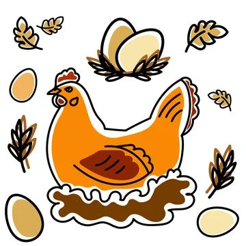 Set of hen with eggs and chicken, farming eco product symbol. Stock Illustration