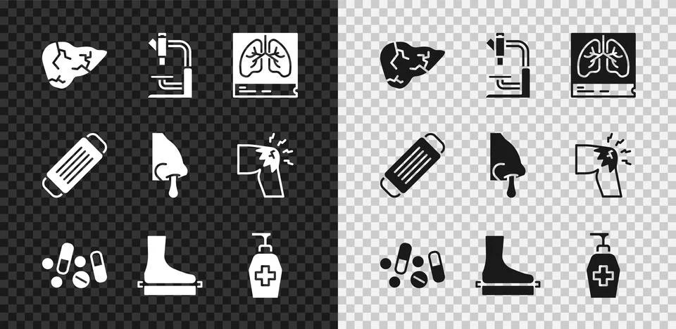 Set Hepatitis virus, Microscope, Lungs x-ray, Medicine pill or tablet, Flat foot Illustrazione stock