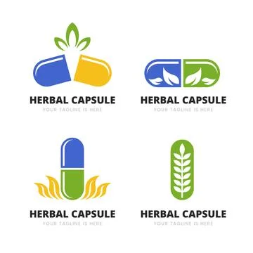 Set of herbal capsule logo set collection, pharmacy logo, Pill With Green L.. Stock Illustration