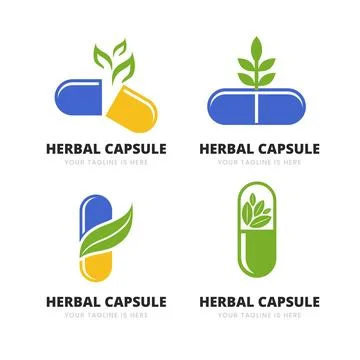 Set of herbal capsule logo set collection, pharmacy logo, Pill With Green L.. Stock Illustration