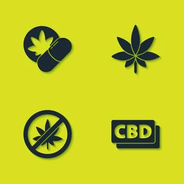 Set Herbal ecstasy tablets, Cannabis molecule, Stop marijuana or cannabis leaf Stock Illustration