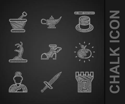Set Hermes sandal, Dagger, Castle tower, Poison apple, Wizard warlock, Zombie Ilustración de archivo