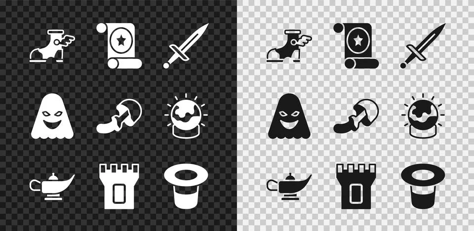 Set Hermes sandal, Magic scroll, Dagger, lamp or Aladdin, Castle tower, hat Ilustración de archivo