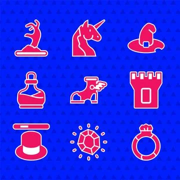Set Hermes sandal, Magic stone, ring with gem, Castle tower, hat wand, Bottle Ilustración de archivo
