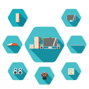 Set of hexagon icons of workstation computer with fulltower case, monitor, we Stock Illustration