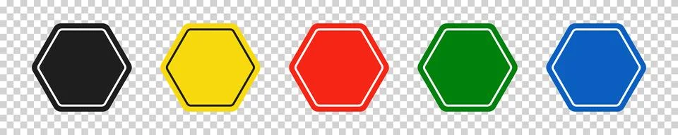 Set of hexagonal black, yellow, red, green and blue road signs. Vector illust Stock Illustration
