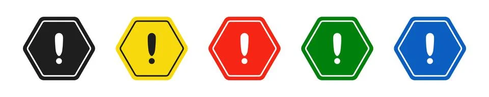 Set of hexagonal black, yellow, red, green and blue road signs with exclamati Stock Illustration
