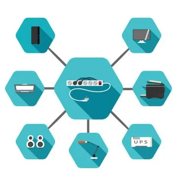 Set of hexagonal icons of power extension cord, fulltower case, monitor, scan Stock Illustration