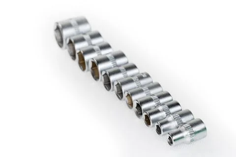 Set of hexagonal interchangeable sockets at shallow depth of field 스톡 사진