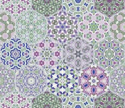 Set from hexagonal lilac patterned tiles. イラスト素材