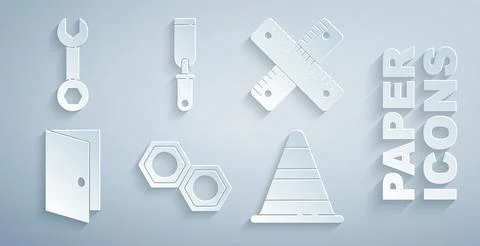 Set Hexagonal metal nut, Crossed ruler, Closed door, Traffic cone, Rasp file and Illustration