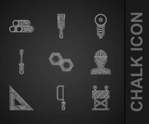 Set Hexagonal metal nut, Hacksaw, Road barrier, Worker safety helmet, Triangular Illustrazione stock