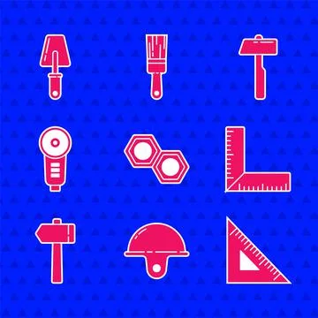 Set Hexagonal metal nut, Worker safety helmet, Triangular ruler, Corner, Hammer Illustrazione stock